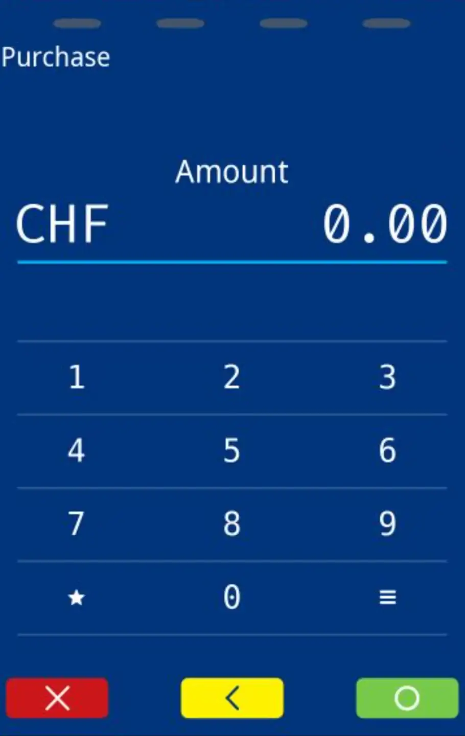 A920 home screen, amount entry, and payment screen